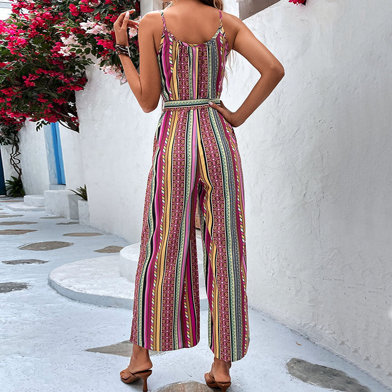Striped Jumpsuit with Tie-Waist and Wide Legs