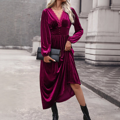 Velvet Midi Dress with Lace V-Neck and High-Low Hem