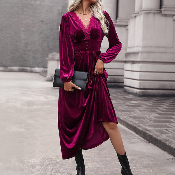 Velvet Midi Dress with Lace V-Neck and High-Low Hem