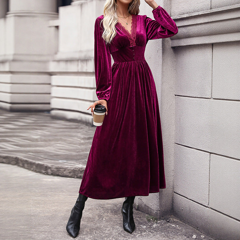 Velvet Midi Dress with Lace V-Neck and High-Low Hem