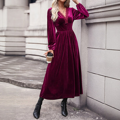 Velvet Midi Dress with Lace V-Neck and High-Low Hem