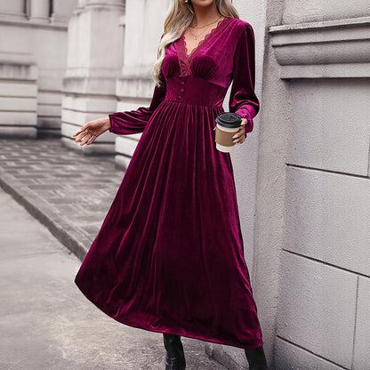 Velvet Midi Dress with Lace V-Neck and High-Low Hem