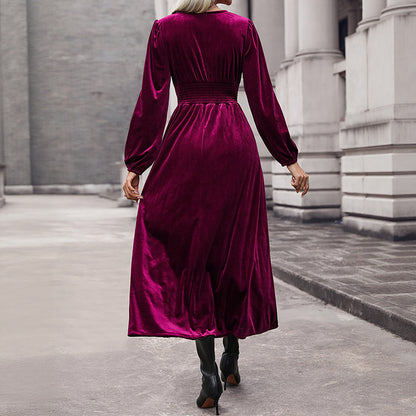 Velvet Midi Dress with Lace V-Neck and High-Low Hem