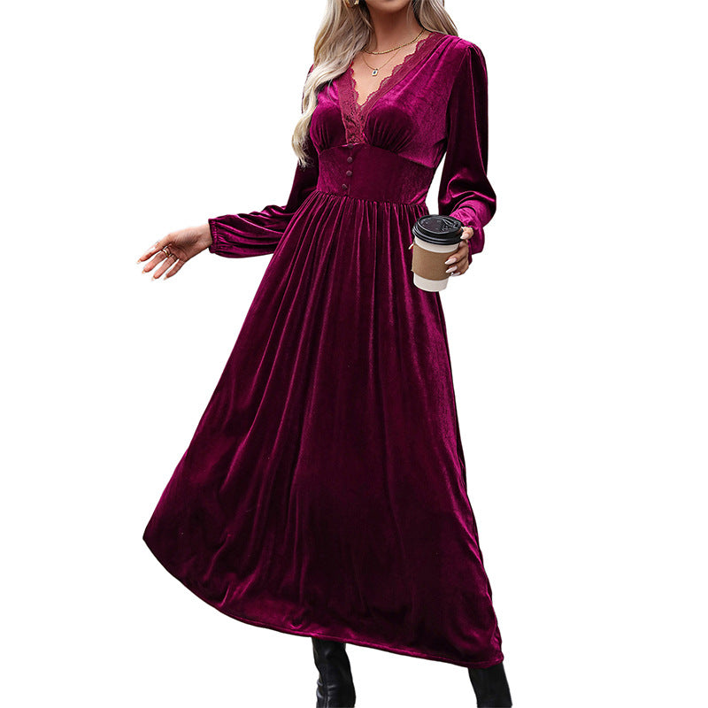 Velvet Midi Dress with Lace V-Neck and High-Low Hem