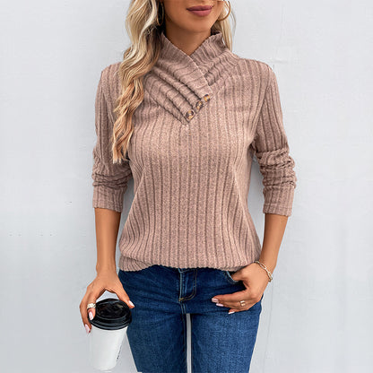 Solid Ribbed Knit Pullover with Draped Button Collar