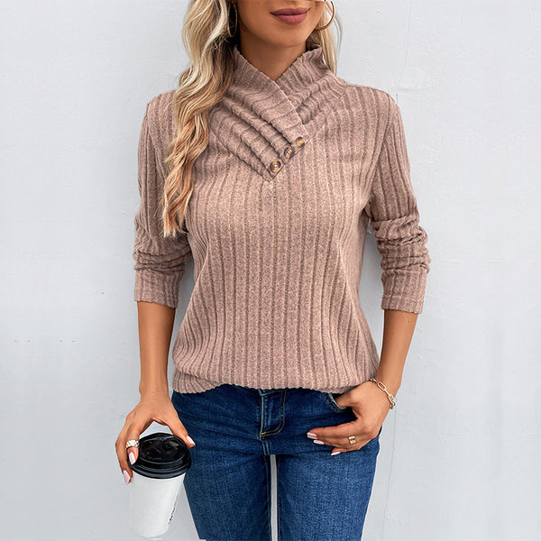 Solid Ribbed Knit Pullover with Draped Button Collar