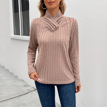Solid Ribbed Knit Pullover with Draped Button Collar