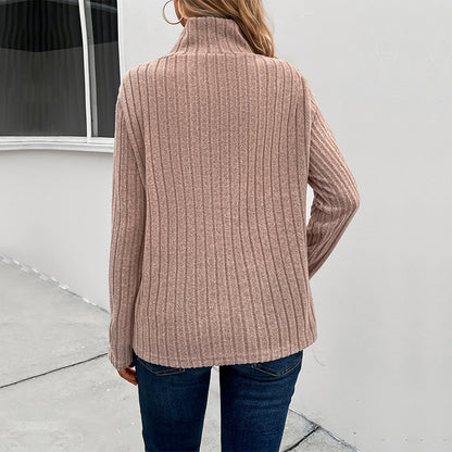 Solid Ribbed Knit Pullover with Draped Button Collar