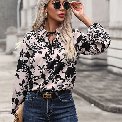Floral Print Blouse with Lapel Collar and Tie-Neck