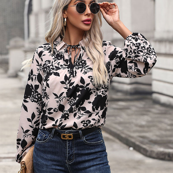 Floral Print Blouse with Lapel Collar and Tie-Neck