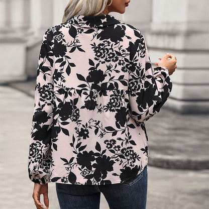 Floral Print Blouse with Lapel Collar and Tie-Neck