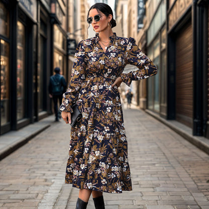 Floral Print Tiered Midi Dress with V-Neck