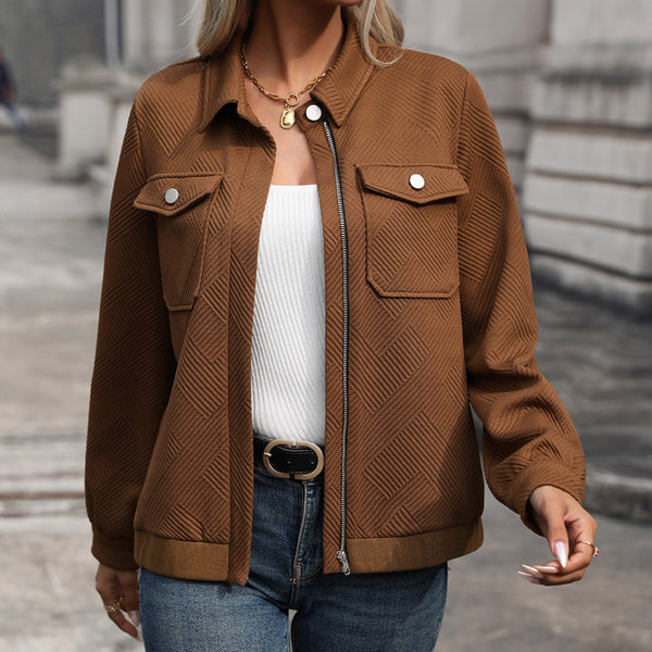 Chevron Texture Bomber Jacket with Lapel Collar