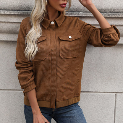 Chevron Texture Bomber Jacket with Lapel Collar