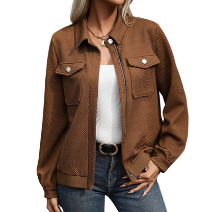 Chevron Texture Bomber Jacket with Lapel Collar