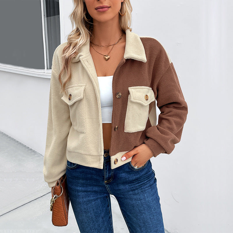 Color-Blocked Fleece Shacket with Button Front