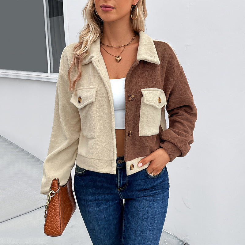 Color-Blocked Fleece Shacket with Button Front