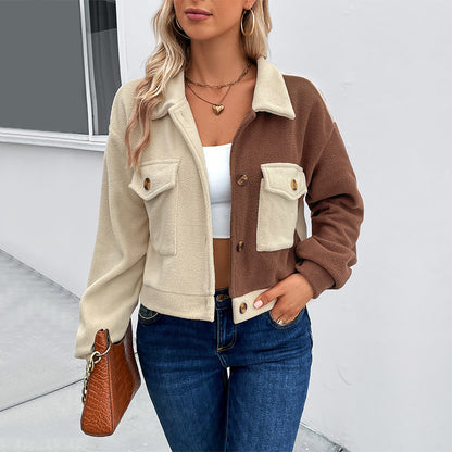 Color-Blocked Fleece Shacket with Button Front