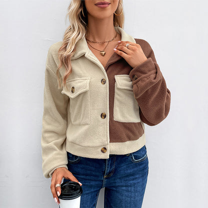 Color-Blocked Fleece Shacket with Button Front