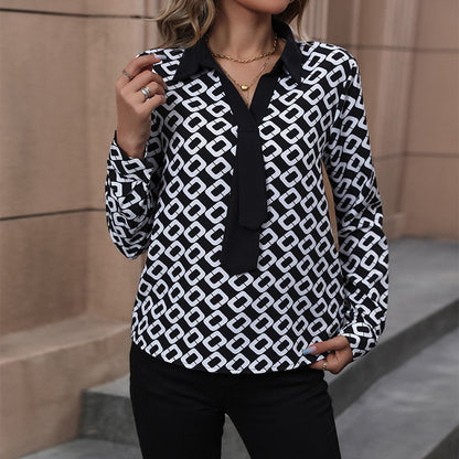 Geometric Print Blouse with Contrast V-Neck