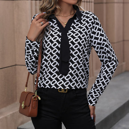 Geometric Print Blouse with Contrast V-Neck