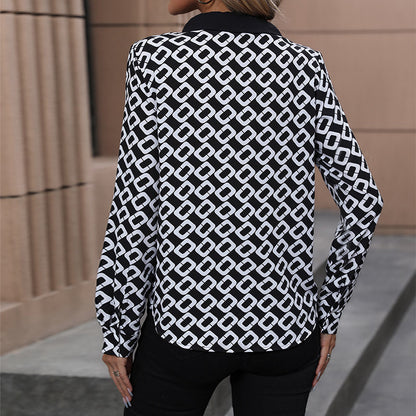 Geometric Print Blouse with Contrast V-Neck