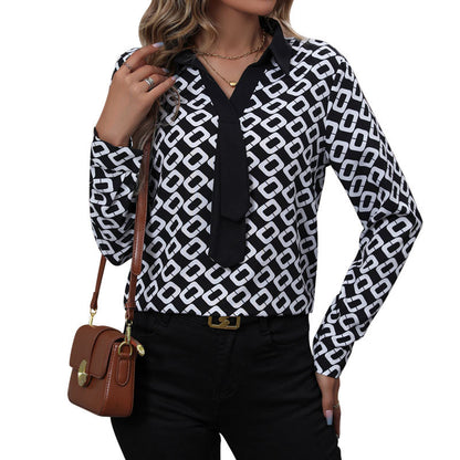 Geometric Print Blouse with Contrast V-Neck