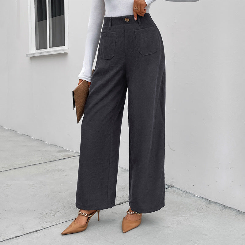High-Waist Wide-Leg Corduroy Pants with Patch Pockets