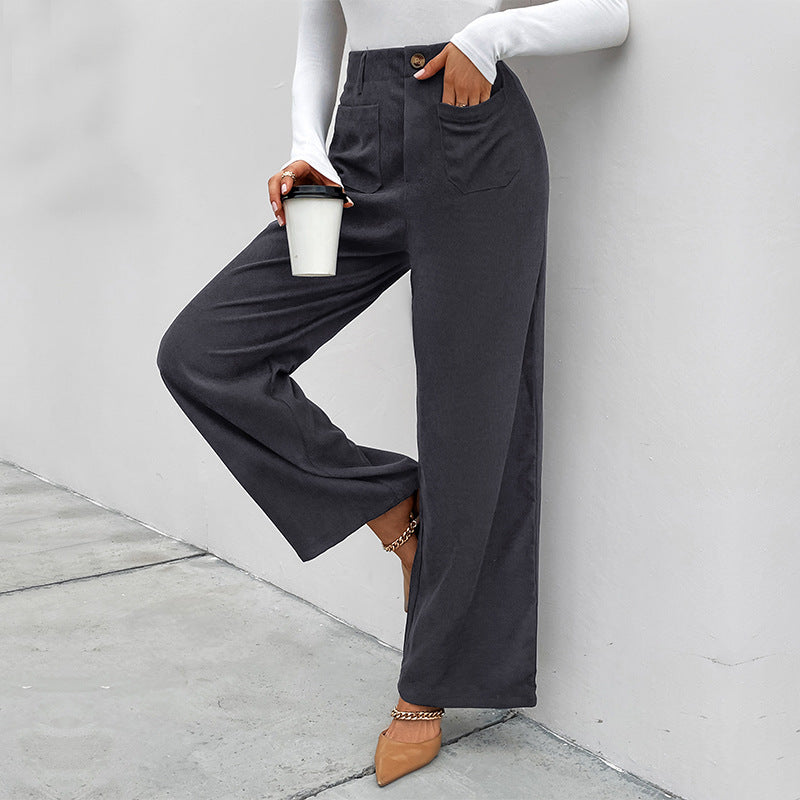 High-Waist Wide-Leg Corduroy Pants with Patch Pockets