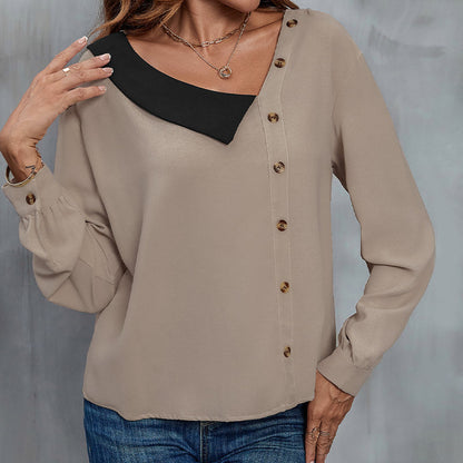 Color-Blocked V-Neck Blouse with Asymmetrical Button Front
