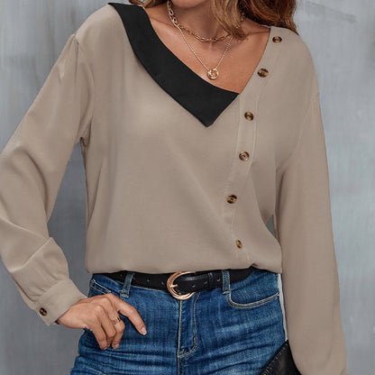 Color-Blocked V-Neck Blouse with Asymmetrical Button Front
