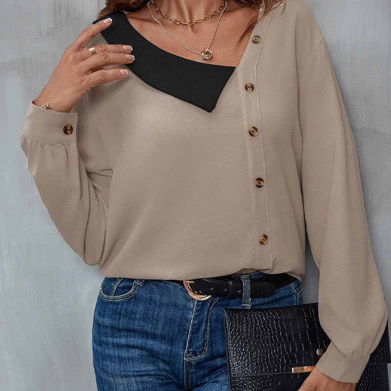 Color-Blocked V-Neck Blouse with Asymmetrical Button Front