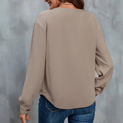 Color-Blocked V-Neck Blouse with Asymmetrical Button Front