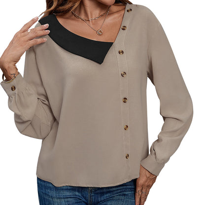 Color-Blocked V-Neck Blouse with Asymmetrical Button Front