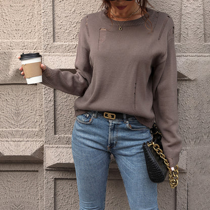 Solid Color Pullover Sweater with Distressed Details