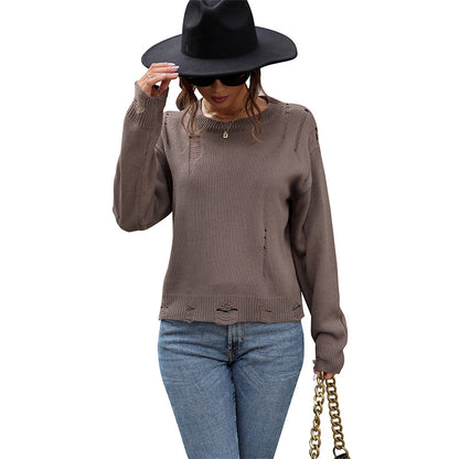 Solid Color Pullover Sweater with Distressed Details
