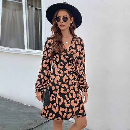 Animal Print Wrap Mini Dress with V-Neck and Long Sleeves