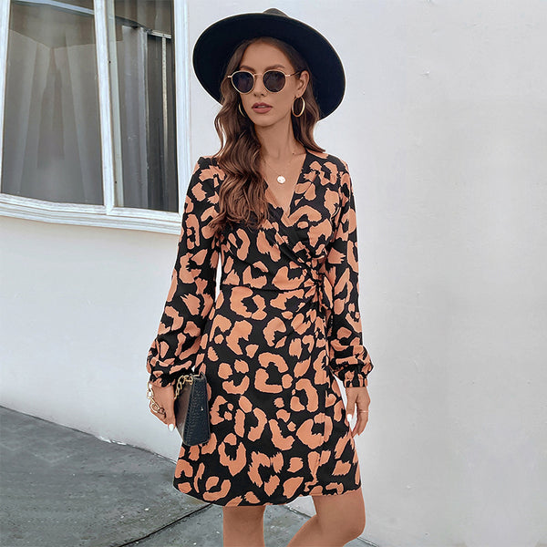 Animal Print Wrap Mini Dress with V-Neck and Long Sleeves