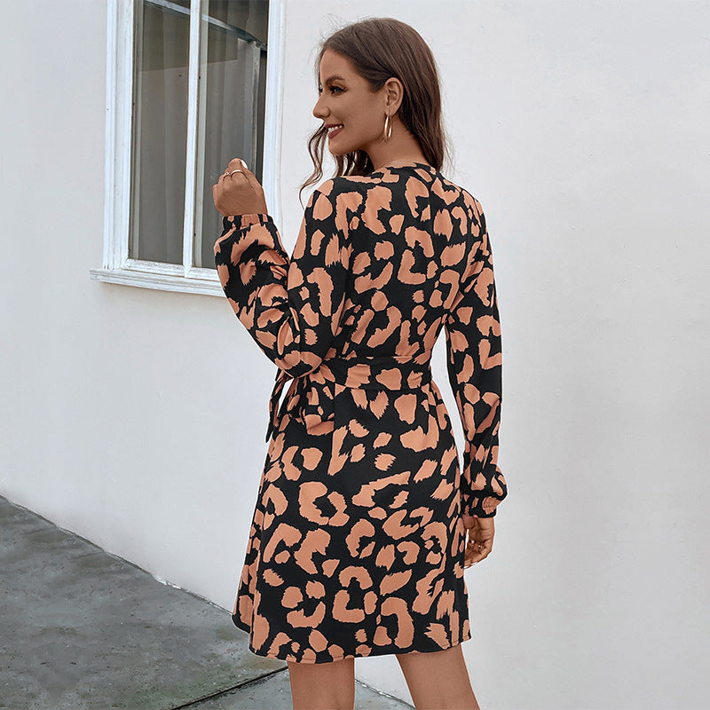 Animal Print Wrap Mini Dress with V-Neck and Long Sleeves