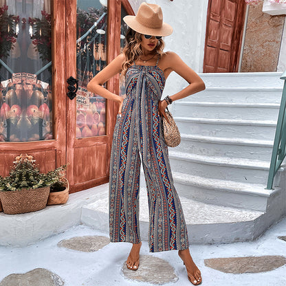 Printed Straight-Leg Jumpsuit with Tie-Front Bust
