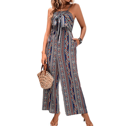 Printed Straight-Leg Jumpsuit with Tie-Front Bust