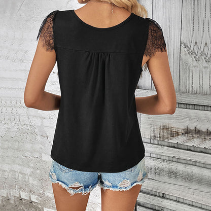 Solid Black Henley Top with Lace Trim V-Neck