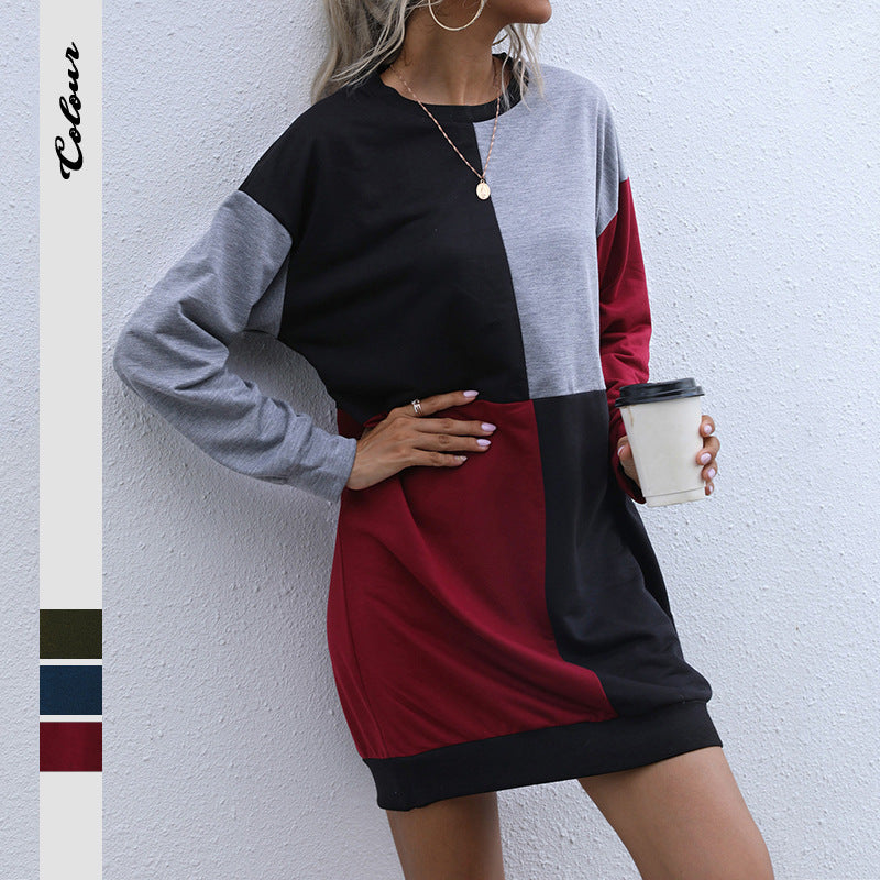 Oversized Color-Block Mini Dress with Long Sleeves