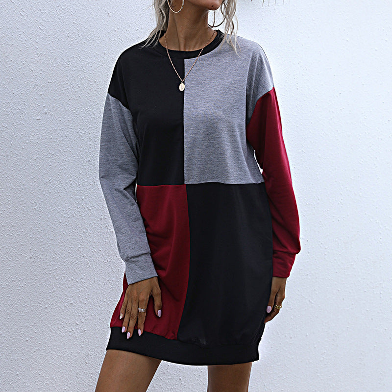 Oversized Color-Block Mini Dress with Long Sleeves