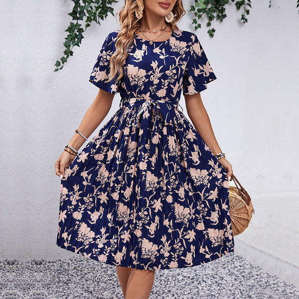 Floral Print Pleated Midi Dress with Tie-Waist