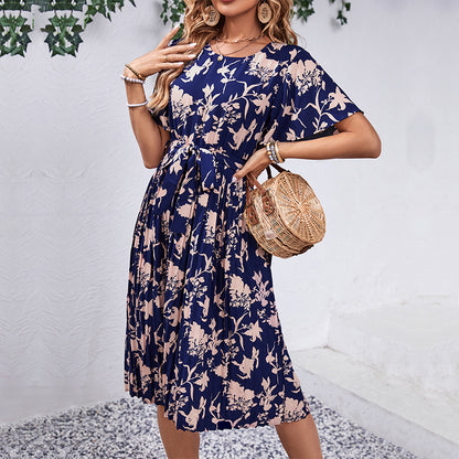 Floral Print Pleated Midi Dress with Tie-Waist