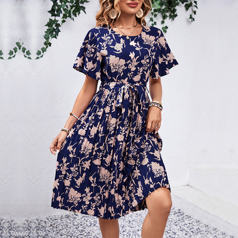 Floral Print Pleated Midi Dress with Tie-Waist