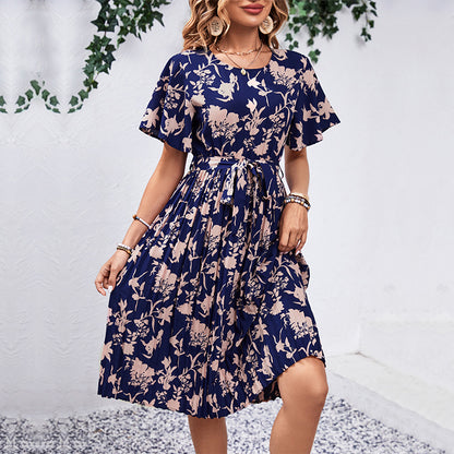 Floral Print Pleated Midi Dress with Tie-Waist