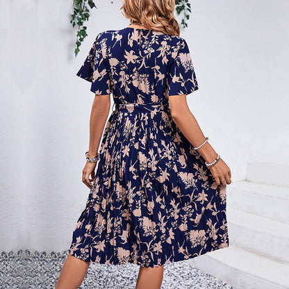 Floral Print Pleated Midi Dress with Tie-Waist