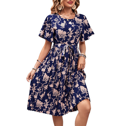 Floral Print Pleated Midi Dress with Tie-Waist